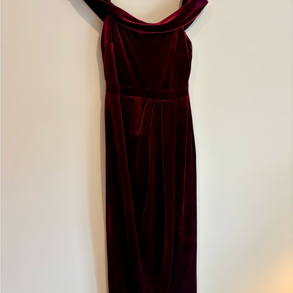 BHLDN Elegant Off-Shoulder Burgundy Dress - Picture 3 of 9